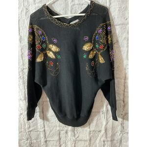 Vintage Jessica Stevens Sweater Black Colorful Beaded Embellished Medium